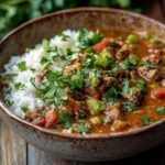 bowl of gluten free gumbo with rice and garnish