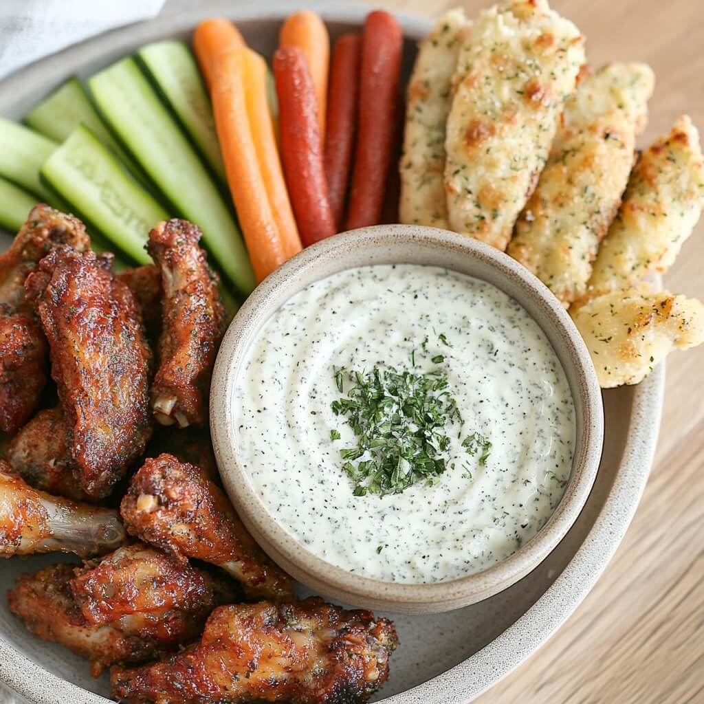 Herby ranch as dip for wings and veggies